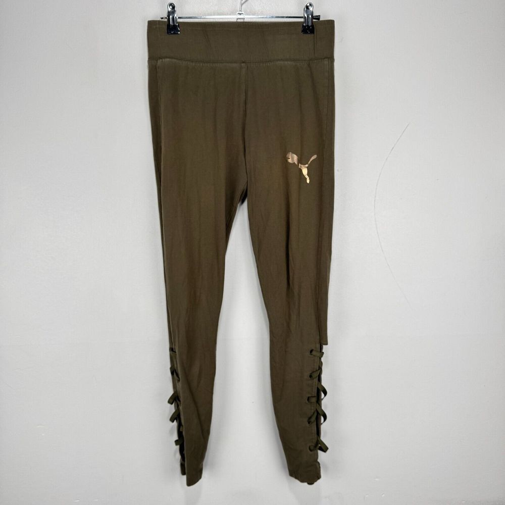 Puma Joggers Sweatpants Pants Women Large Olive Green Cotton Blend Ankle Laced